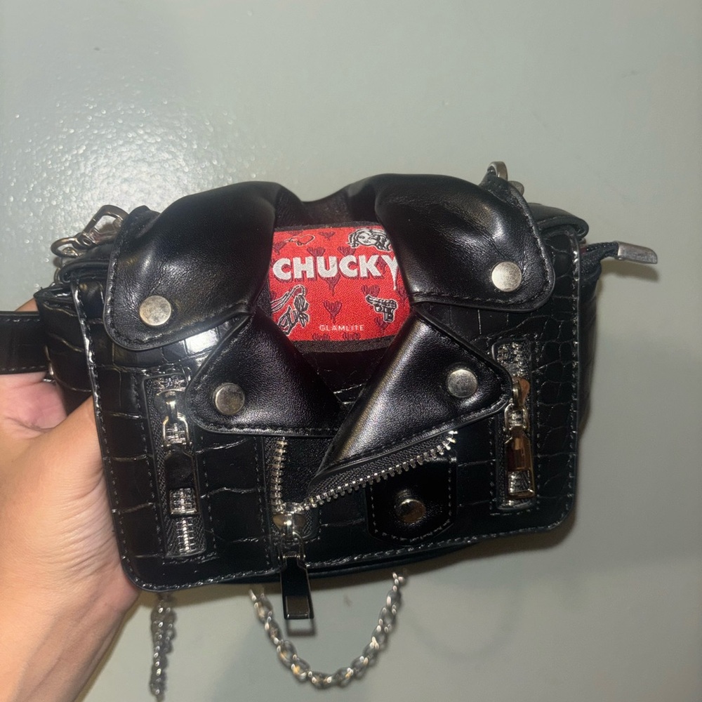 CHUCKY Black Faux Leather Biker Jacket Crossbody Bag